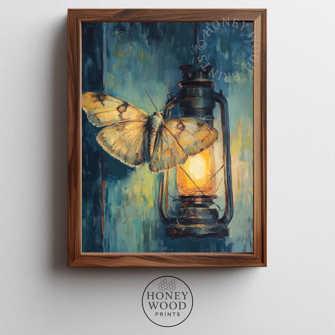 Giant Moth on Glowing Vintage Lantern Night Moody Oil Painting Poster