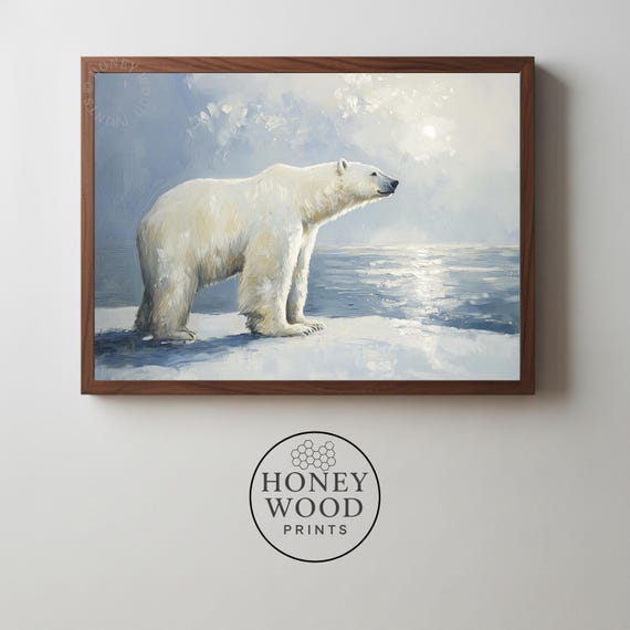 Moody Polar Bear At Frozen Shoreline Serene Coastal Wildlife Art Minimalist Nature Painting Wall Decor 17