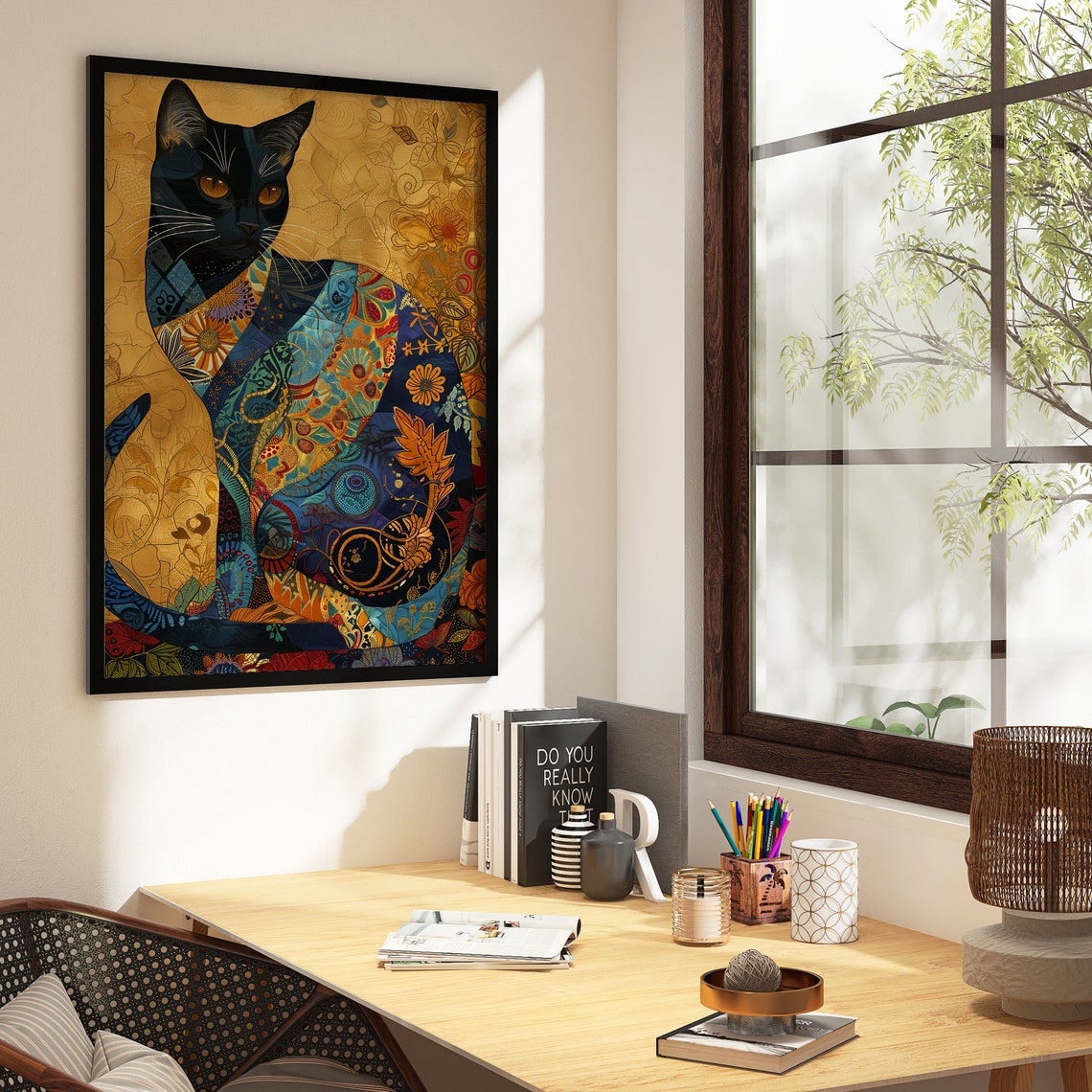 Midnight Blue Mosaic Cat with Floral Patterns on Gold Poster - Image 2