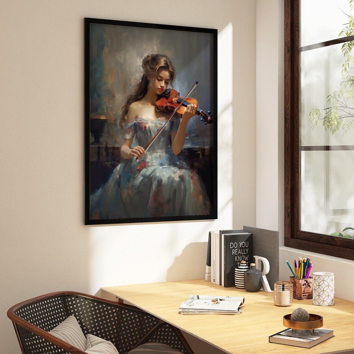 Elegant Lady Violinist in Flowing Gown Impressionist Art Poster - Image 4