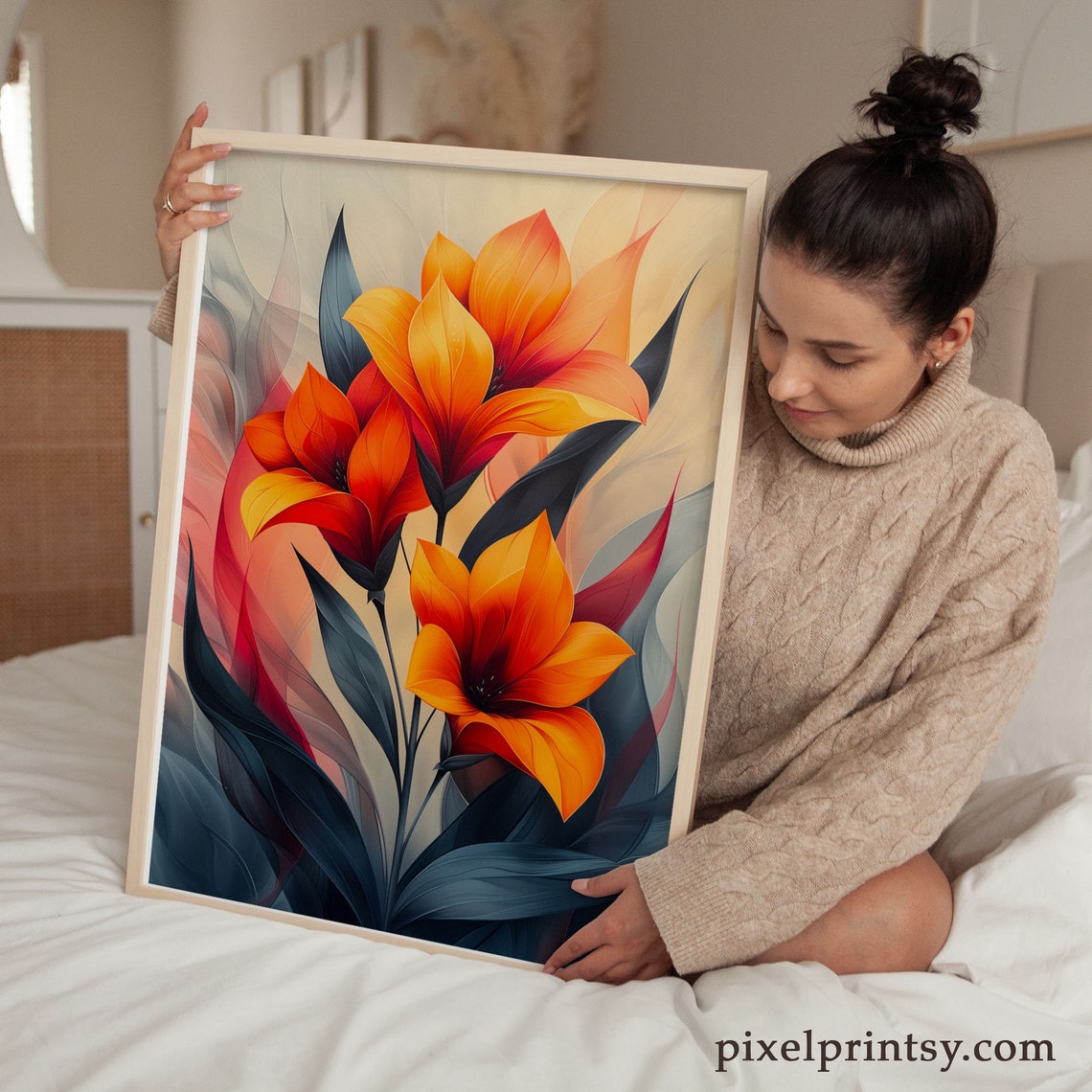 Orange Lily Blooms with Dark Leaves Abstract Floral Art Poster - Image 6