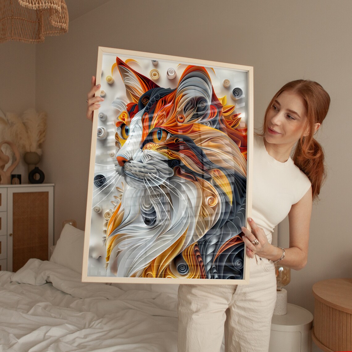 Quilled Paper Art Cat Portrait in Fiery Orange Tones Design Poster - Image 5