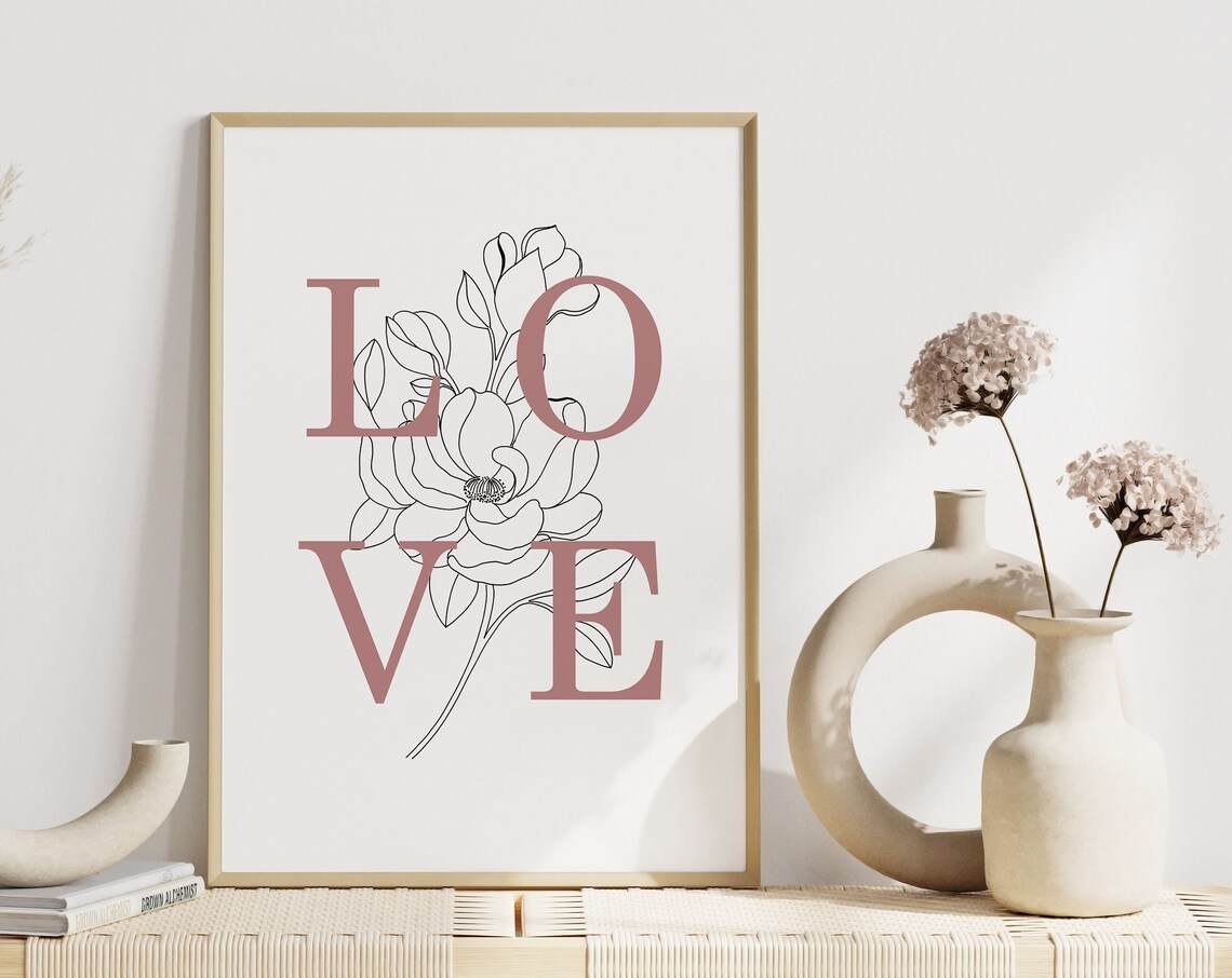 Minimalist Blush Love Typography Magnolia Floral Line Art Poster