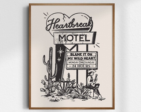 Heartbreak Motel Poster Vintage Cowboy Guitar Desert Sign Decor