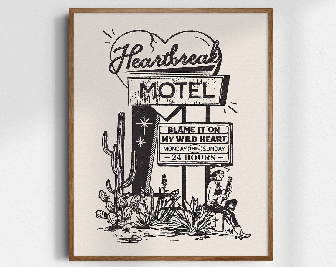Heartbreak Motel Poster Vintage Cowboy Guitar Desert Sign Decor