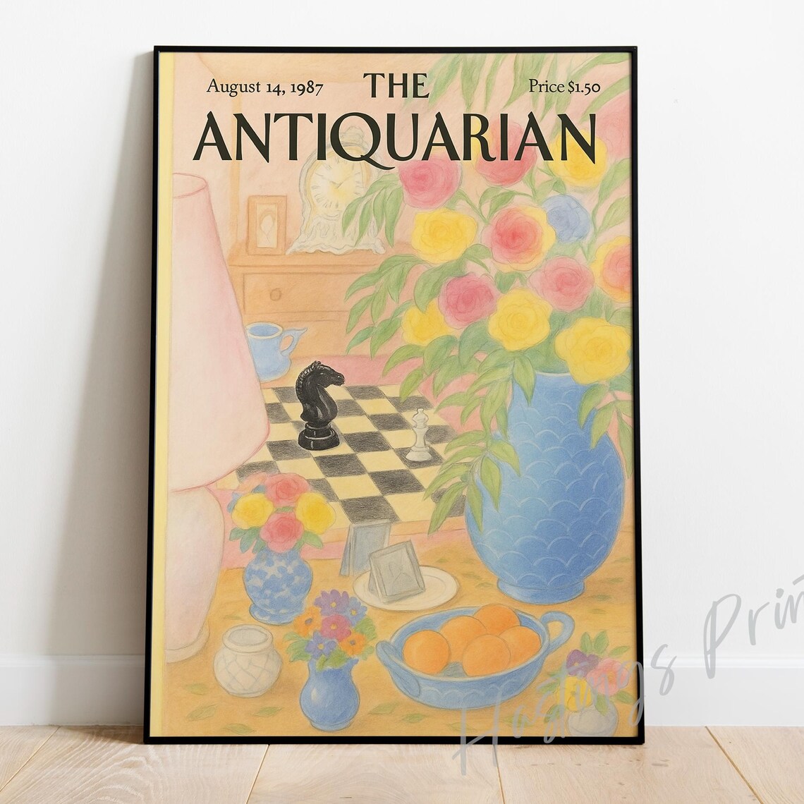 The Antiquarian August 1987 Vintage Magazine Cover Chess Floral Poster