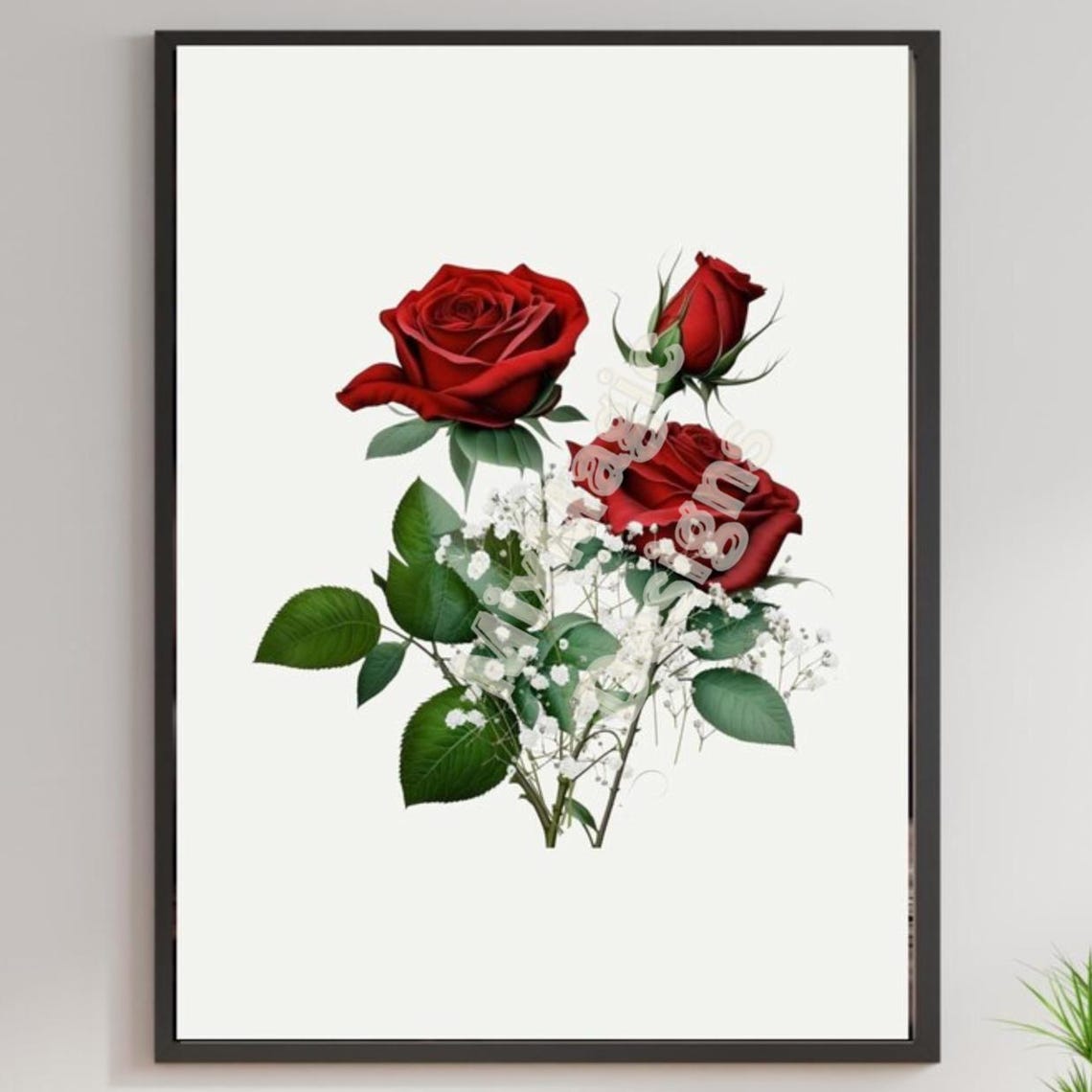 Red Roses and Baby's Breath Romantic Floral Bouquet Decor Poster