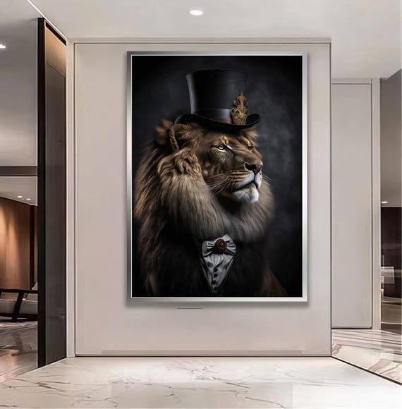 Lion Portrait Wearing Shirt Vest Bow Tie And Hat Elegant Dressed Animal Painting Sophisticated Wildlife Wall Art Print