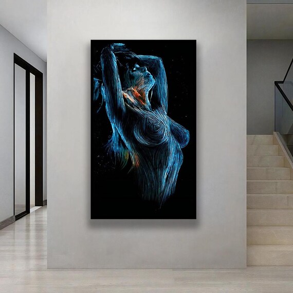 Abstract Neon Blue Woman Figure Glowing Dark Background Poster