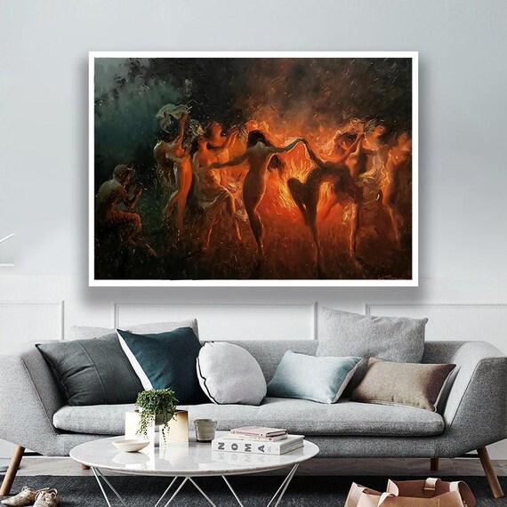 Women Dancing Around Bonfire At Night Classical Oil Painting Print