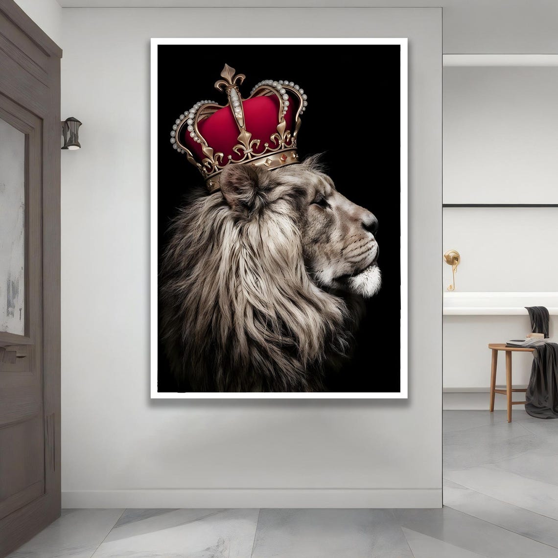 Majestic Crowned Lion Regal Portrait On Black Background Poster