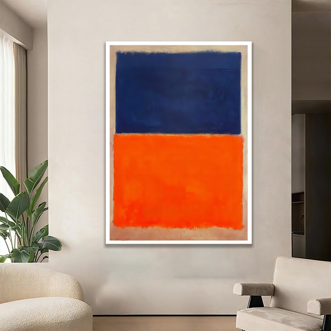 Abstract Orange And Navy Composition On Beige Canvas Modern Minimalist Color Block Wall Art