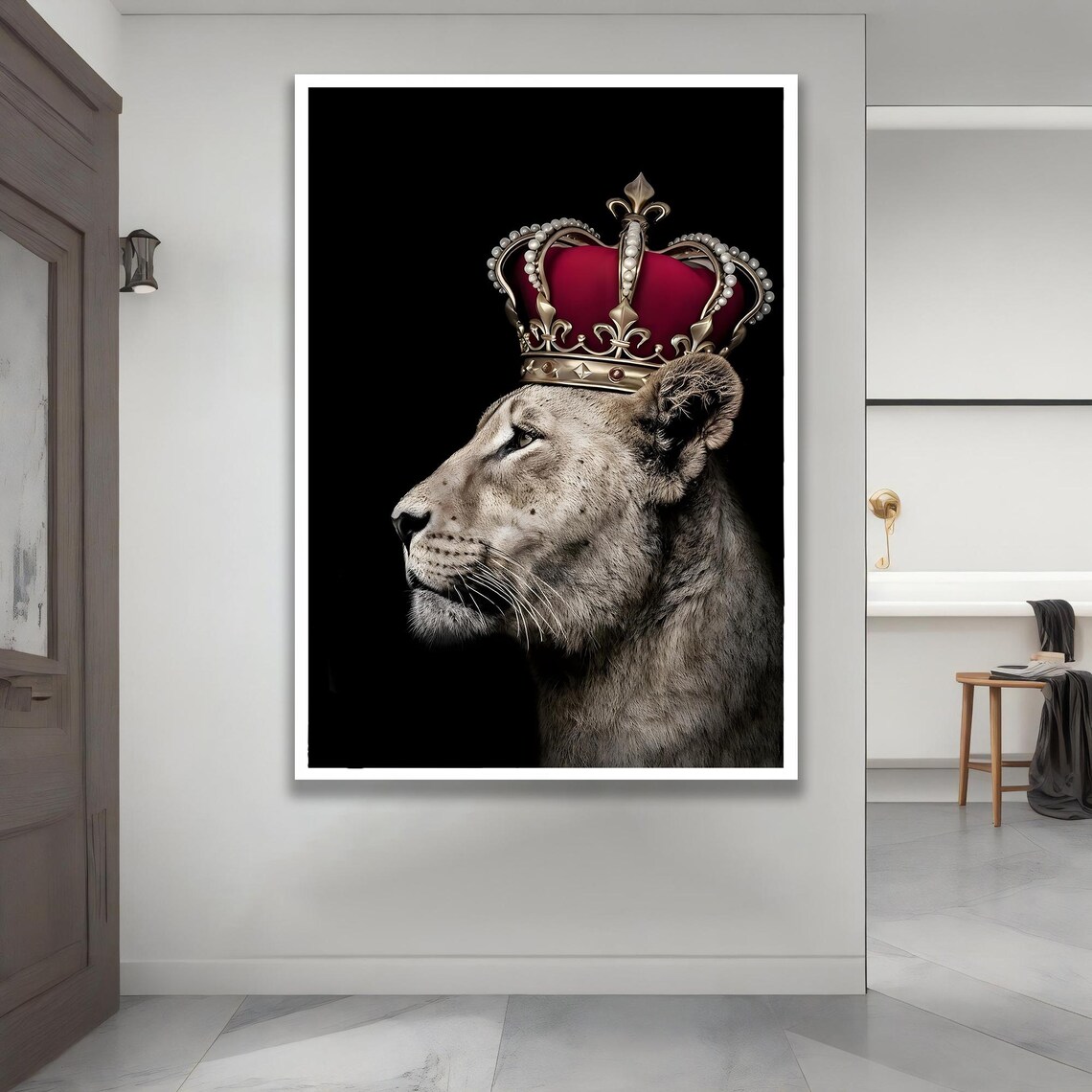 Lioness Wearing Royal Crown Black Background Animal Art Poster