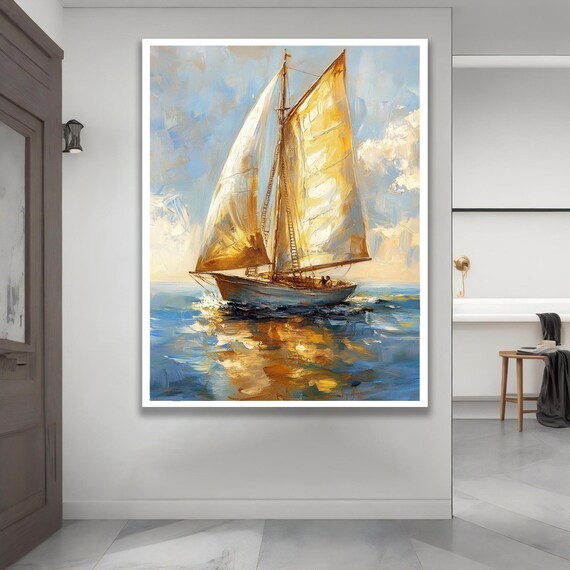 Golden Sail Boat Oil Painting Blue Sea Nautical Voyage Poster