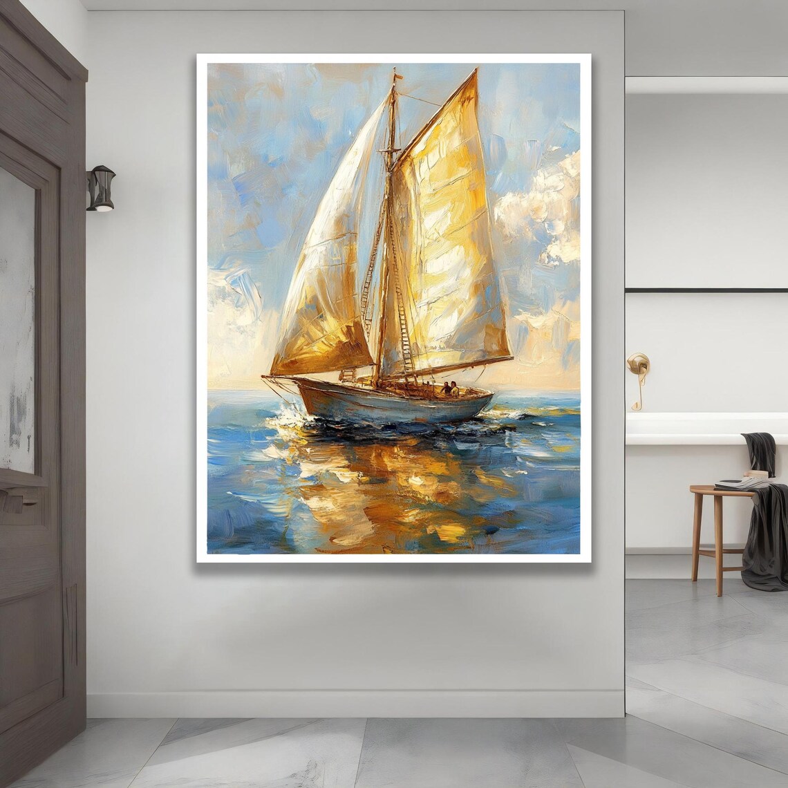 Golden Sail Boat Oil Painting Blue Sea Nautical Voyage Poster