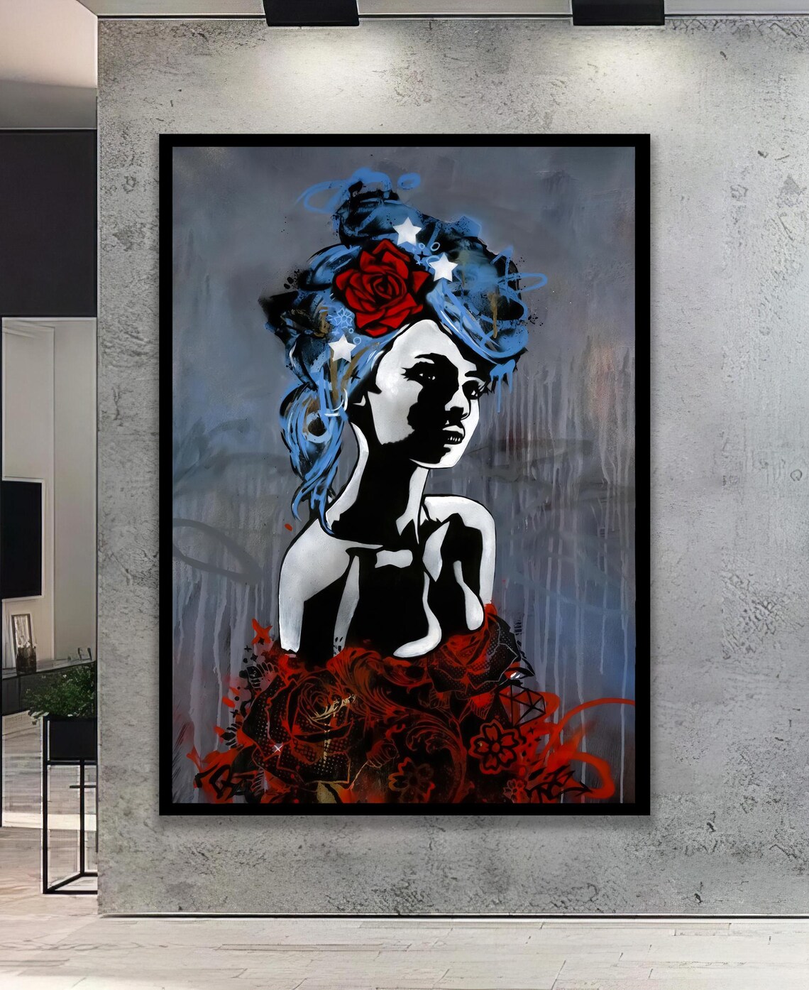 Blue Haired Woman Red Rose Portrait Pop Art Street Style Poster