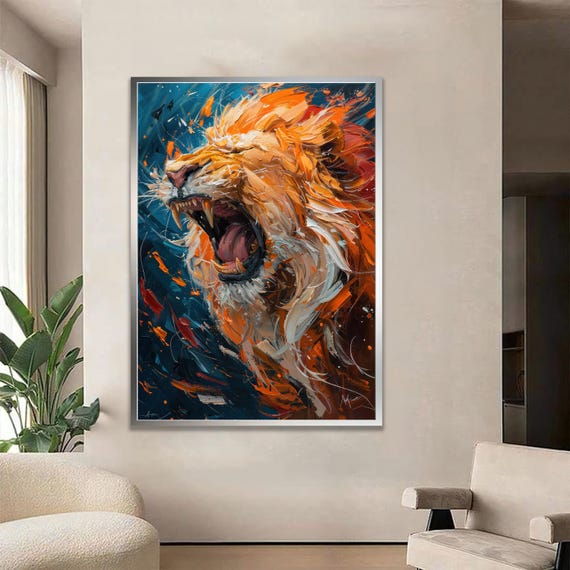 Roaring Lion Portrait Wall Art Majestic Wild Animal Canvas Jungle King Decor
