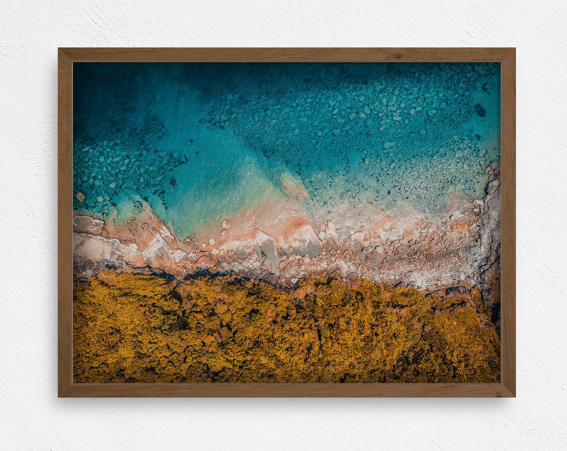 Aerial Ocean Shore Turquoise Water Rocky Coast Forest Travel Poster