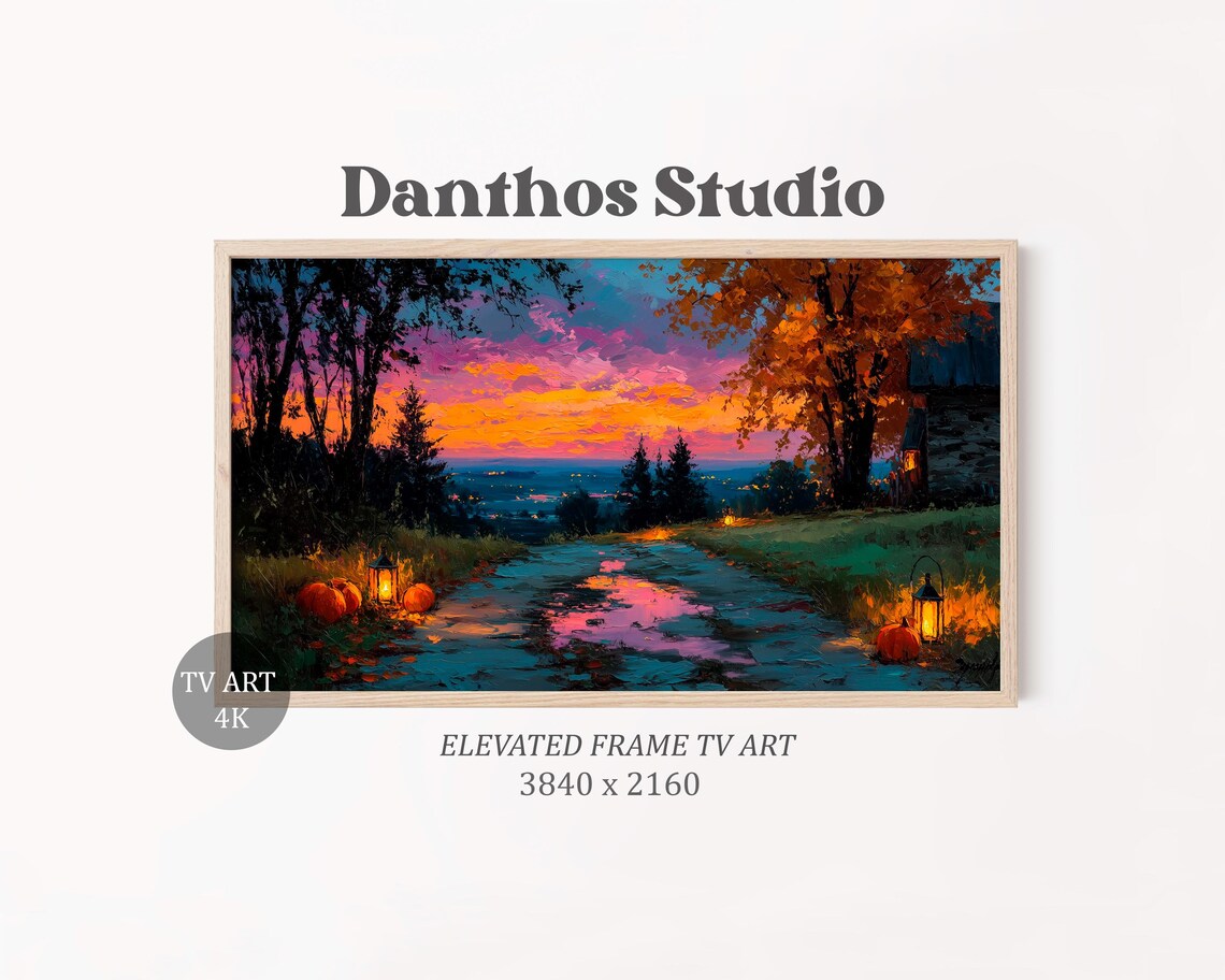Rustic Autumn Landscape Frame Tv Art Glowing Pumpkin Path Painting Cozy Halloween Decor Moody Fall Wall 59