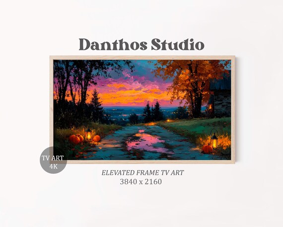 Rustic Autumn Landscape Frame Tv Art Glowing Pumpkin Path Painting Cozy Halloween Decor Moody Fall Wall 59