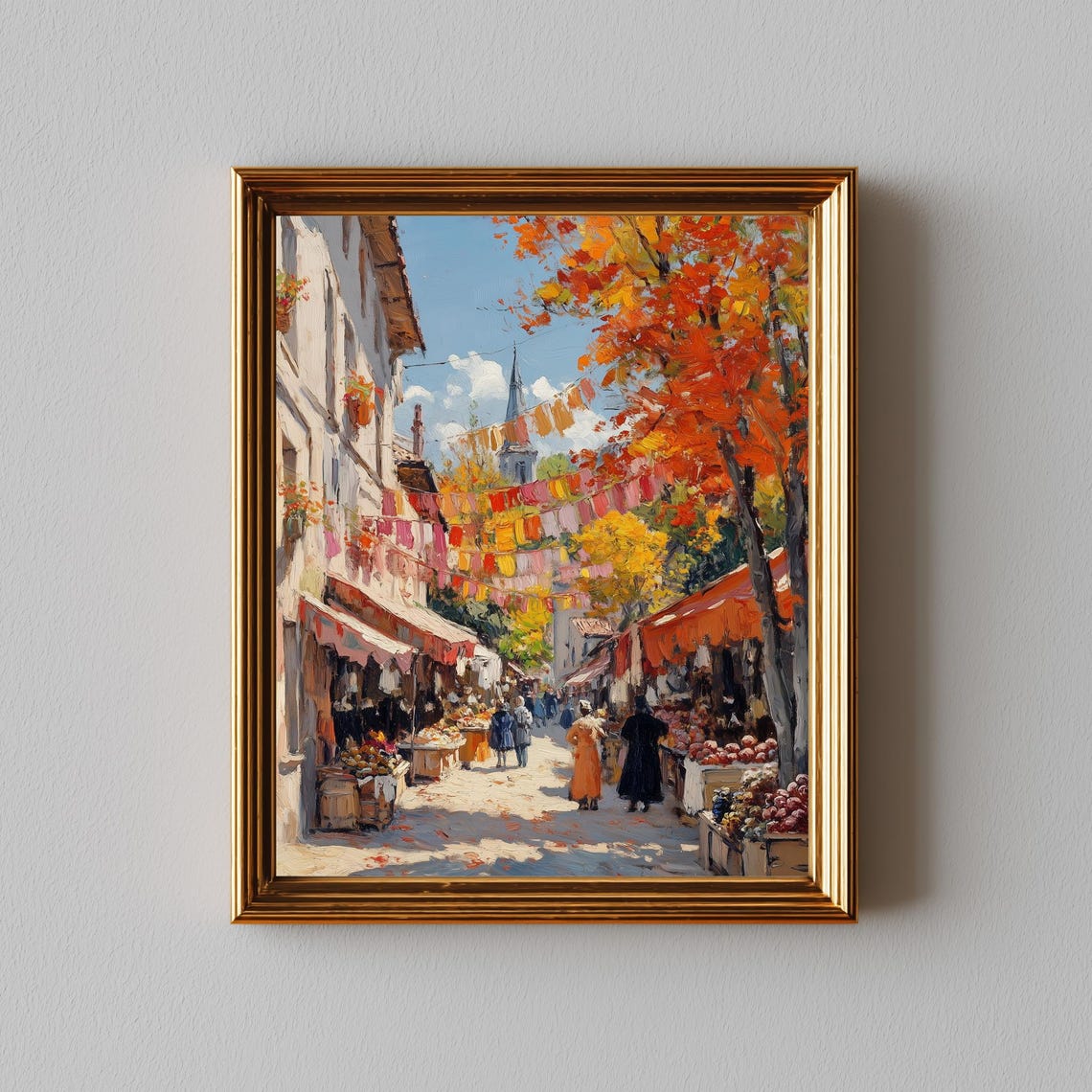 Autumn Street Market Festival Impressionist Oil Painting Wall Art