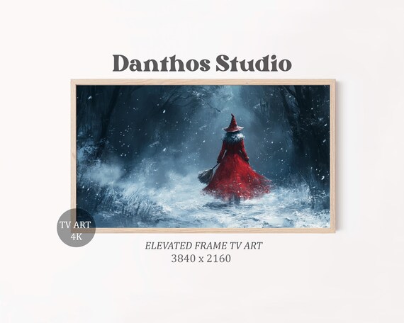 Christmas Witch In Snowy Forest Frame TV Art Poster Red Cloak