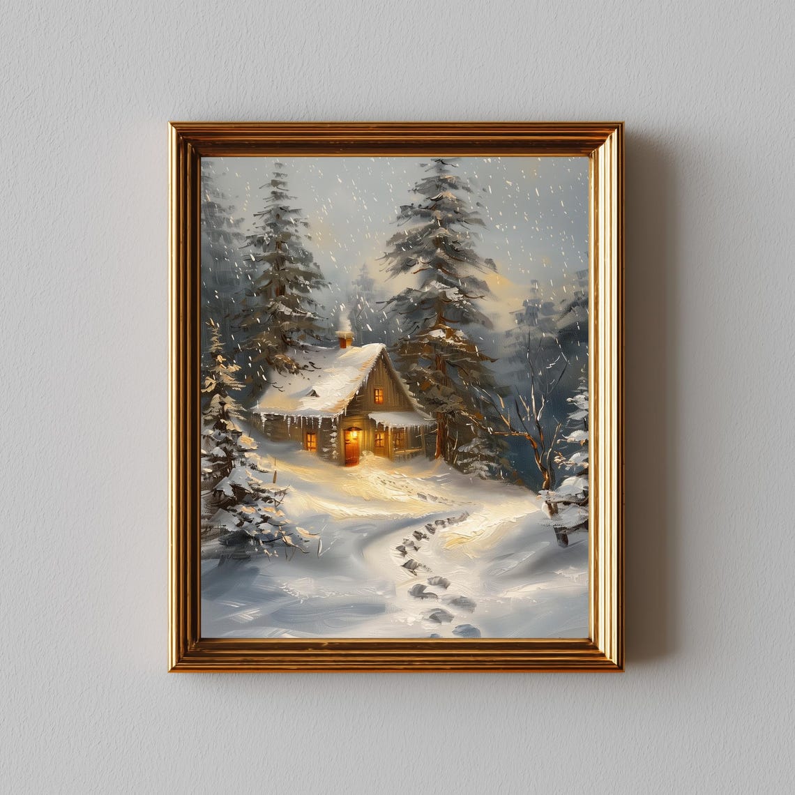 Snowy Pine Cabin Dusk Footprints Trail Winter Woods Painting Poster