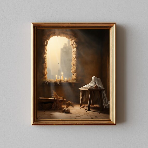 Minimalist Nativity Scene Rustic Stable Candlelight Oil Poster