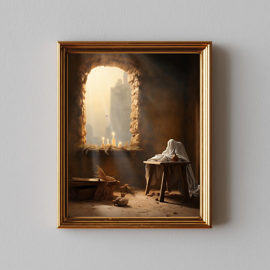 Minimalist Nativity Scene Rustic Stable Candlelight Oil Poster