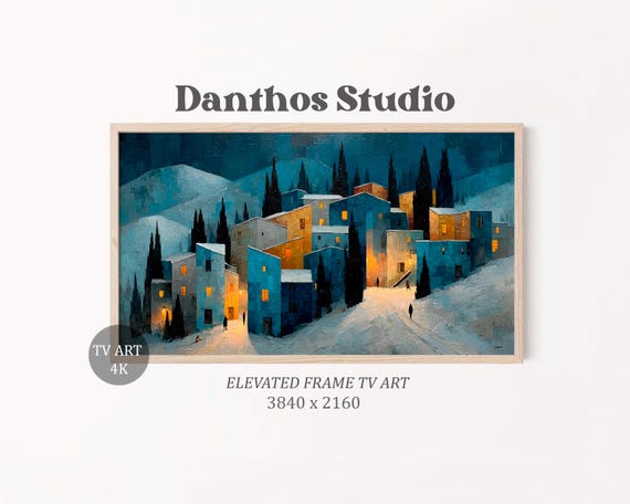Abstract Winter Village Frame Tv Art Geometric Cubist Modern Snowy Night Scene Cozy Festive Landscape Decor 47
