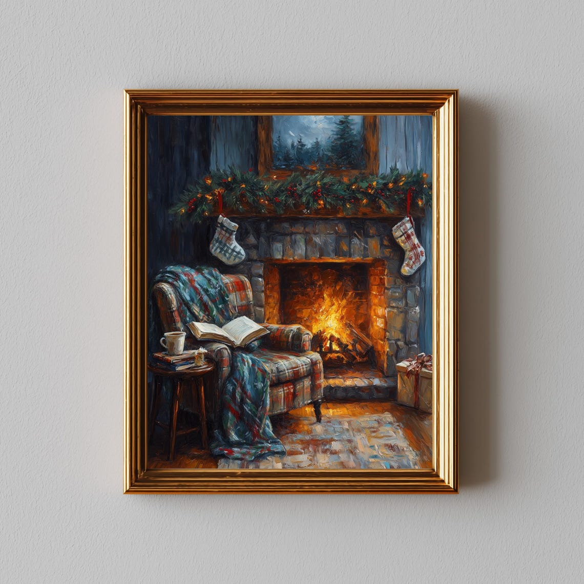 Cozy Christmas Fireplace Plaid Armchair Book Cocoa Holiday Wall Art
