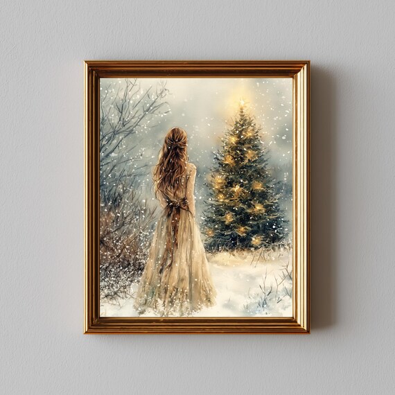 Girl in Gown Before Lit Christmas Tree Falling Snow Painting Poster