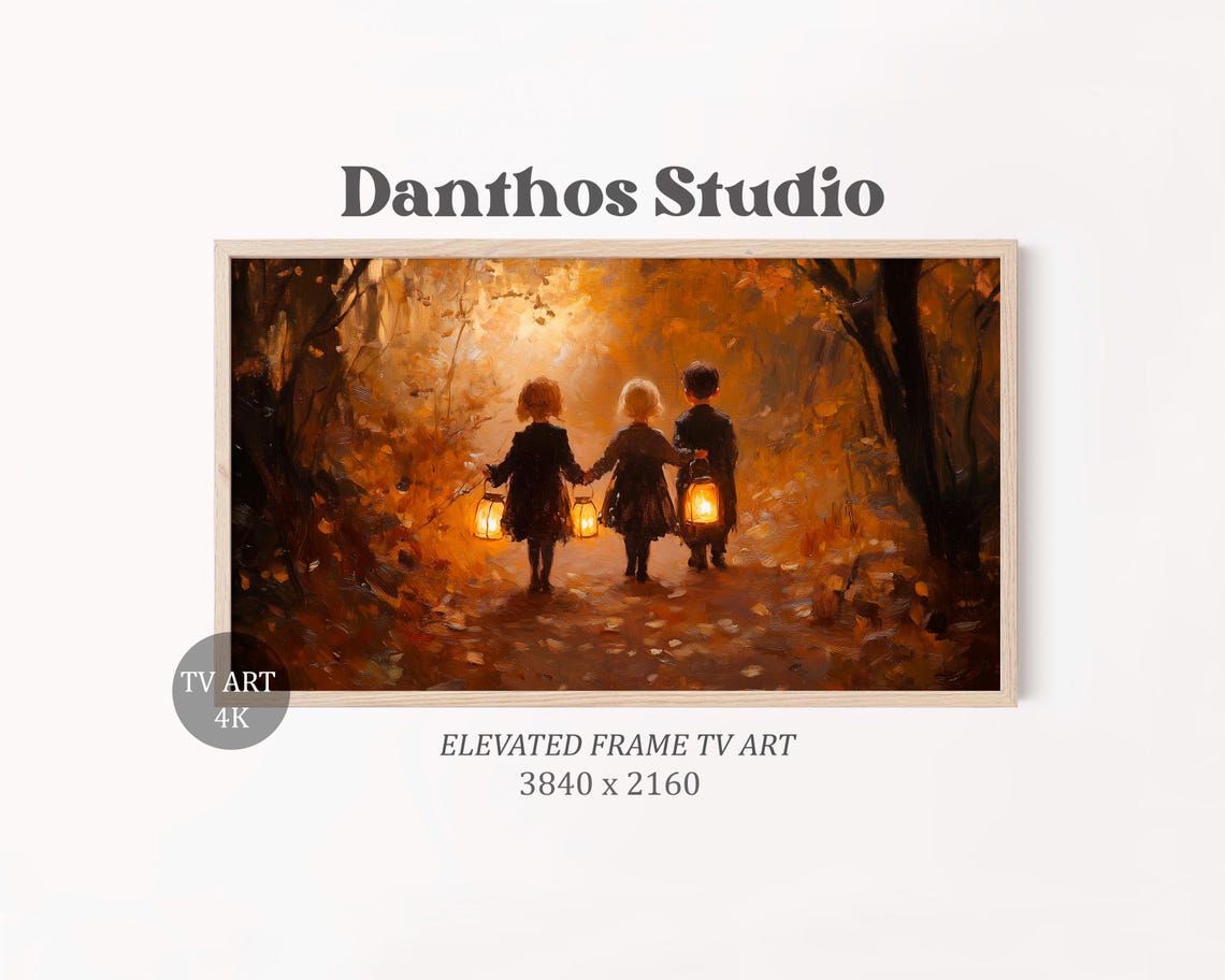 Three Children With Lanterns Autumn Forest Path Warm Sunset Poster