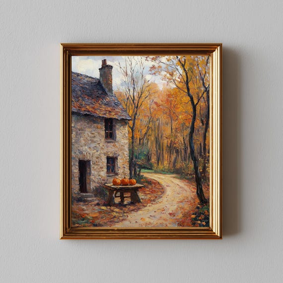 Rustic Autumn Cottage With Pumpkins Vintage Fall Landscape Art Wall Decor Charming Country Home Scene Painting 211