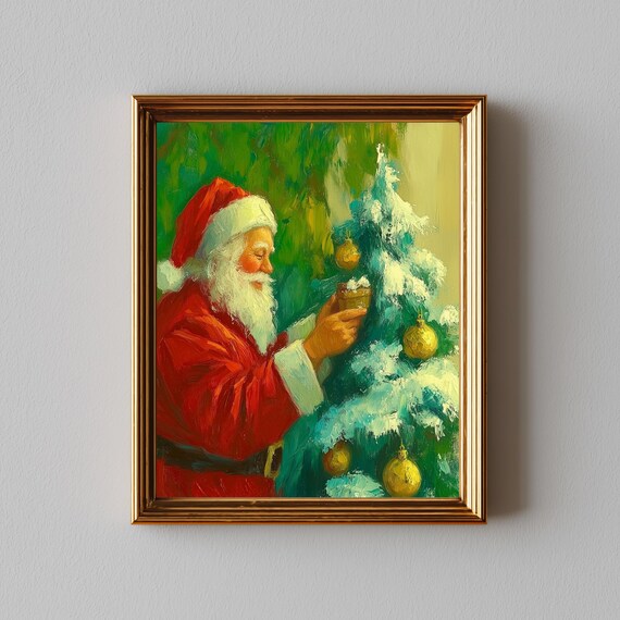 Santa Decorating Snowy Christmas Tree Vintage Painting Poster