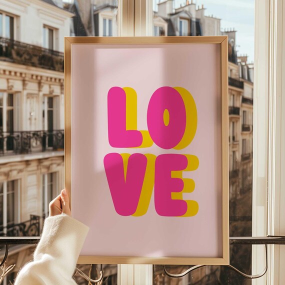 Pink Love Print Wall Art Typography Poster Poster Gallery Wall Art Dopamine Decor Wall Art Pink Yellow Art
