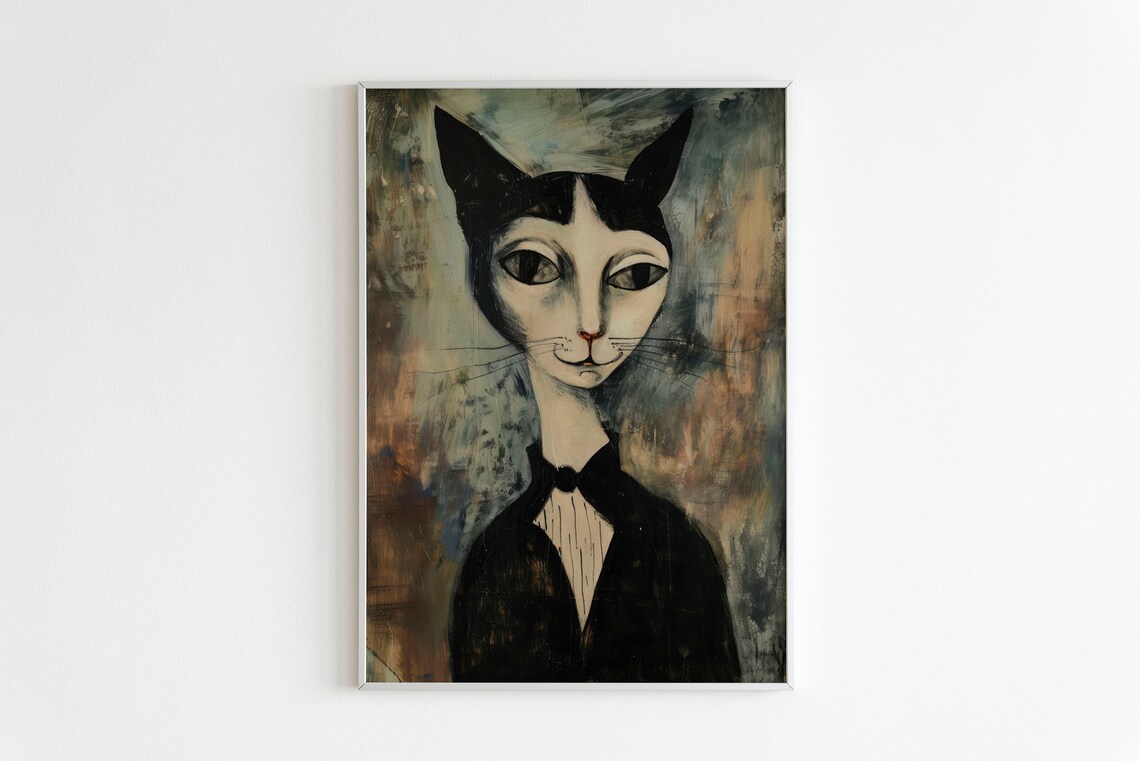 Whimsical Black Cat Portrait Moody Expressive Oil Painting Print