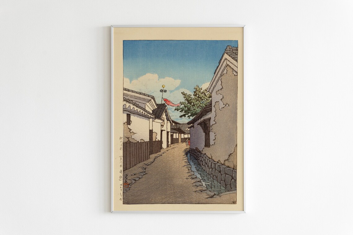 Japanese Woodblock Street Scene Shin Hanga Style Vintage Art Poster