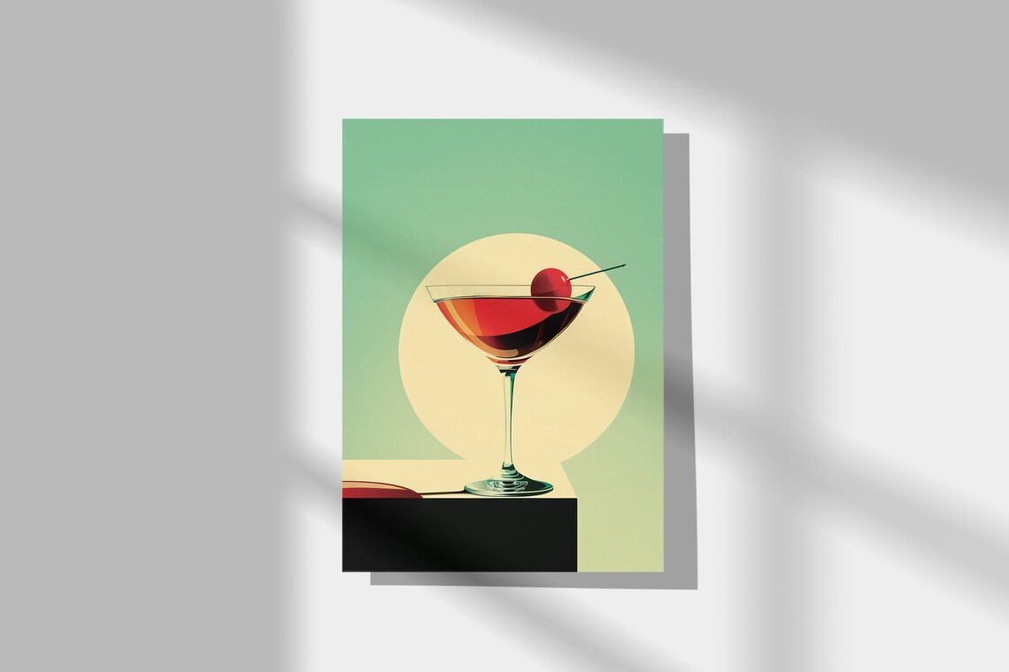 Vintage Martini Glass With Cherry Mid Century Retro Bar Decor Poster - Image 2