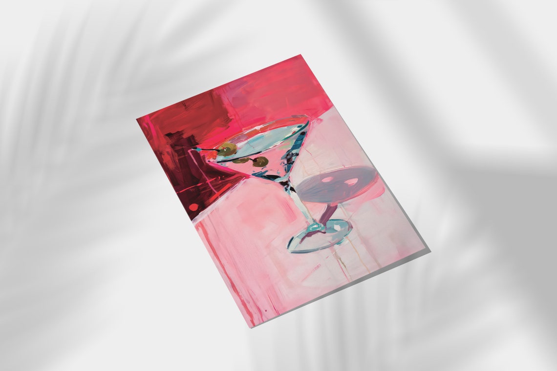 Martini Cocktail With Olives Pink Abstract Bar Cart Art Print - Image 3