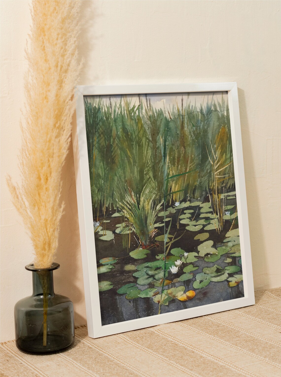 Green Pond With Water Lilies And Reeds Vintage Nature Art Poster - Image 3