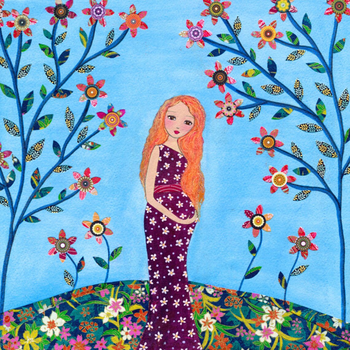 Pregnant Woman with Long Red Hair Among Stylized Flowers Art Poster