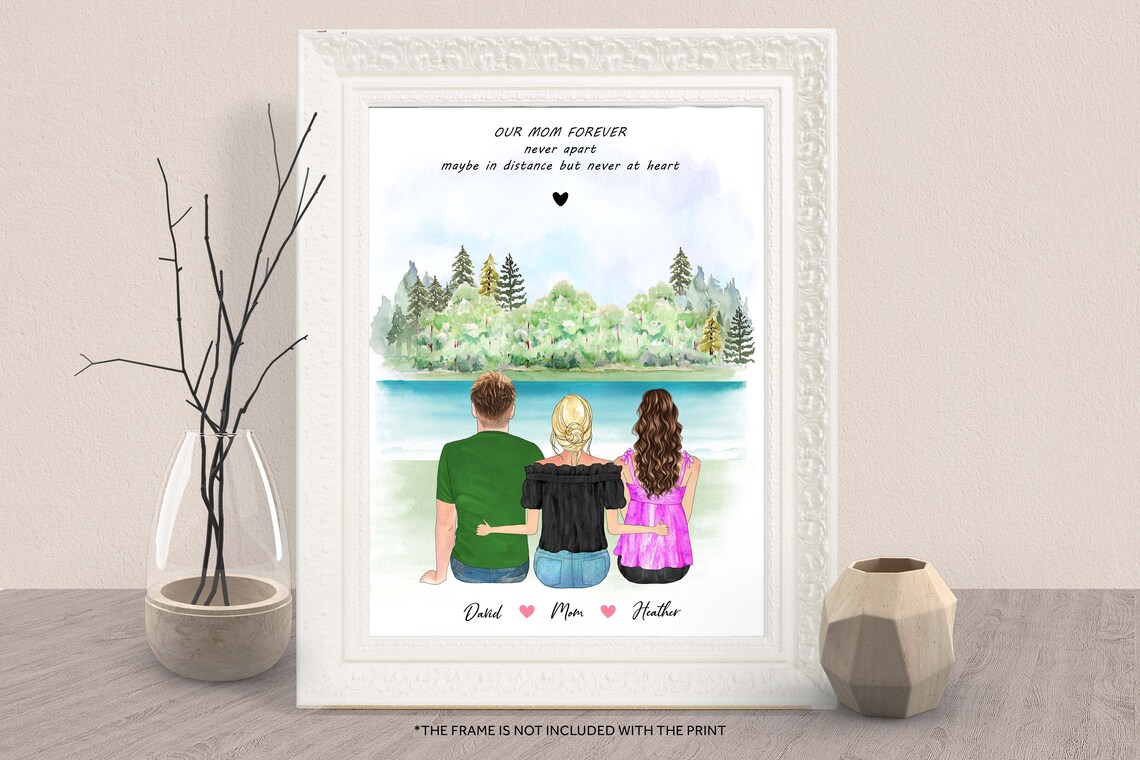 Personalized Mom with Son and Daughter Lake Family Portrait Print