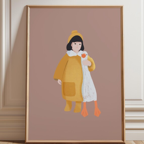 Little Girl Holding Goose Mauve Kids Illustration Art Poster
