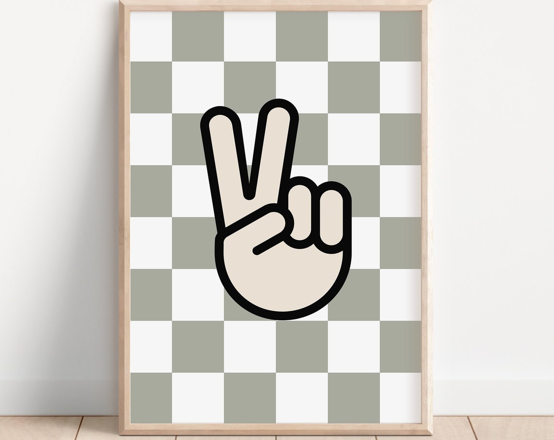 Peace Hand Checkered Sage Green Poster Retro Kids Playroom Wall Decor