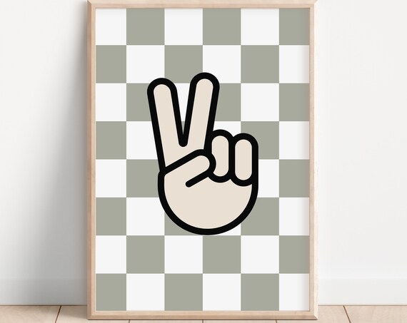 Peace Hand Checkered Sage Green Poster Retro Kids Playroom Wall Decor