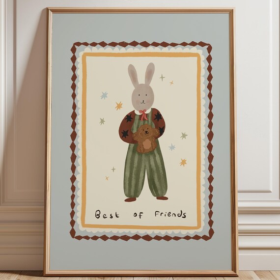 Best of Friends Bunny Puppy Nursery Whimsical Illustration Poster