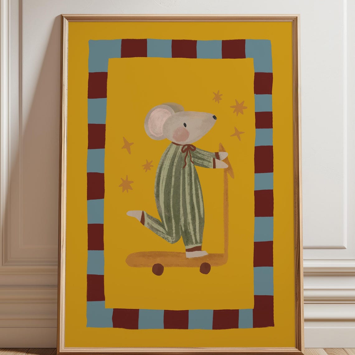 Cute Mouse on Scooter Retro Nursery Print on Yellow Background