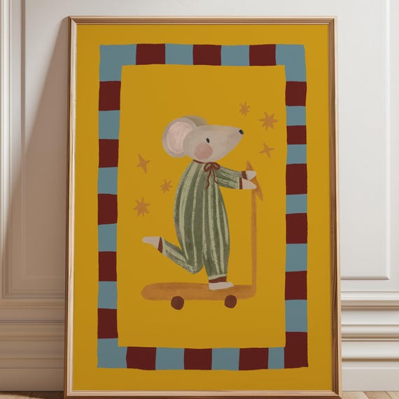 Mouse Scooter Print Retro Nursery Wall Art New Baby Room Minimalist Toddler Rom Whimsical Animal For Kids