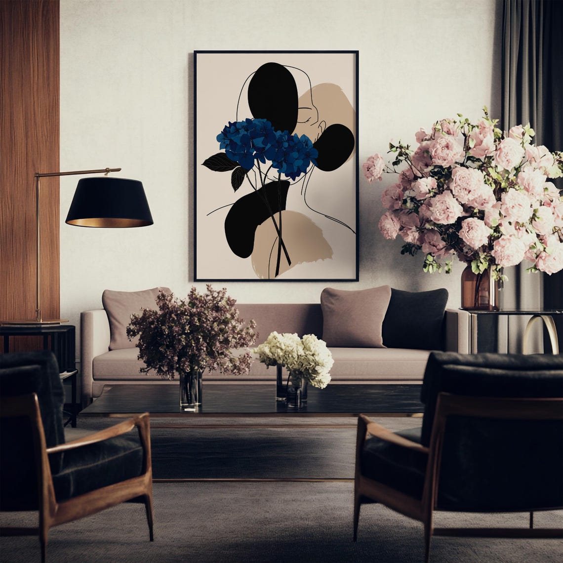 Blue Hydrangea Abstract Line Art Woman Profile Modern Art Poster - Image 4